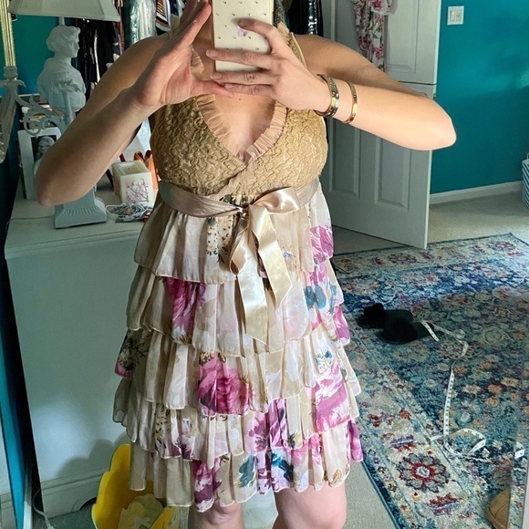 Romantic Tan Floral Ruffle Dress - Picture 11 of 12